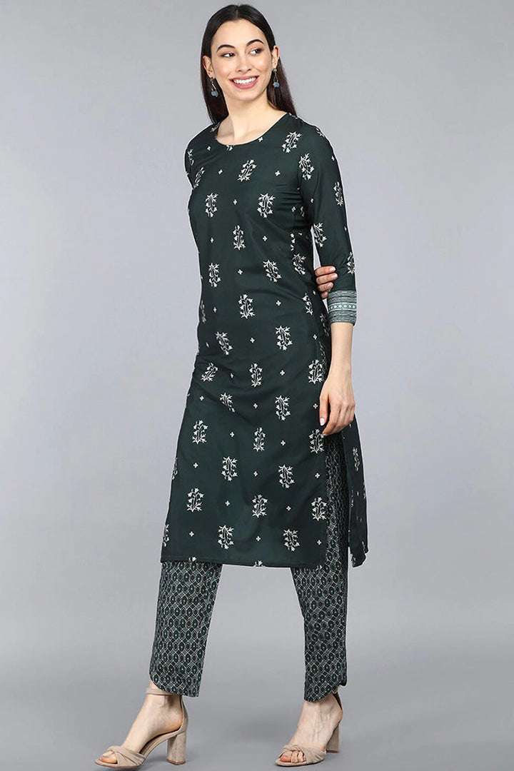 Dark Green Poly Crepe Floral Printed Straight Suit Set | SHOBITAM