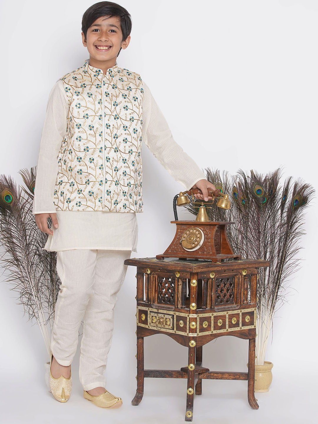 Silk Blue Floral Embroidery Jacket with Cotton Kantha kurta and Kantha Pyjama | SHOBITAM