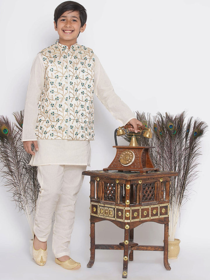 Silk Blue Floral Embroidery Jacket with Cotton Kantha kurta and Kantha Pyjama | SHOBITAM