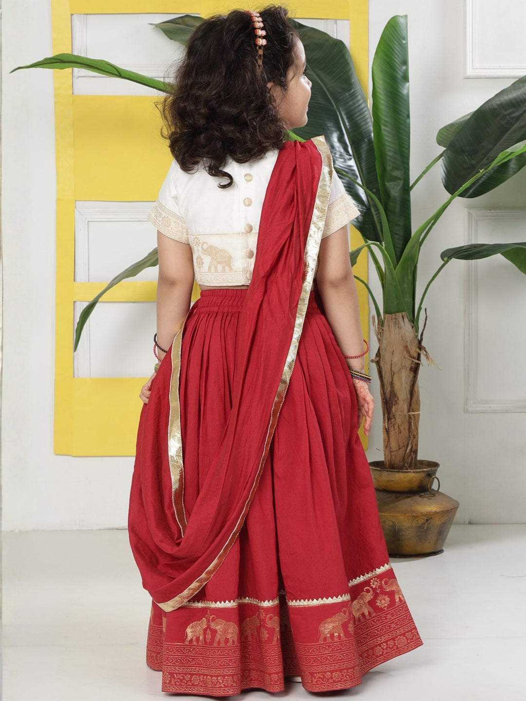 Red Elephant Zari Embroidery Chanderi Cotton Lehenga with Stitched Cream Blouse Set | SHOBITAM