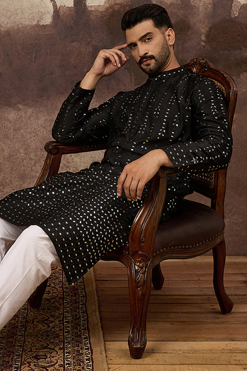 Black Silk Blend Solid Embroidered Straight Kurta With Pant Set | SHOBITAM