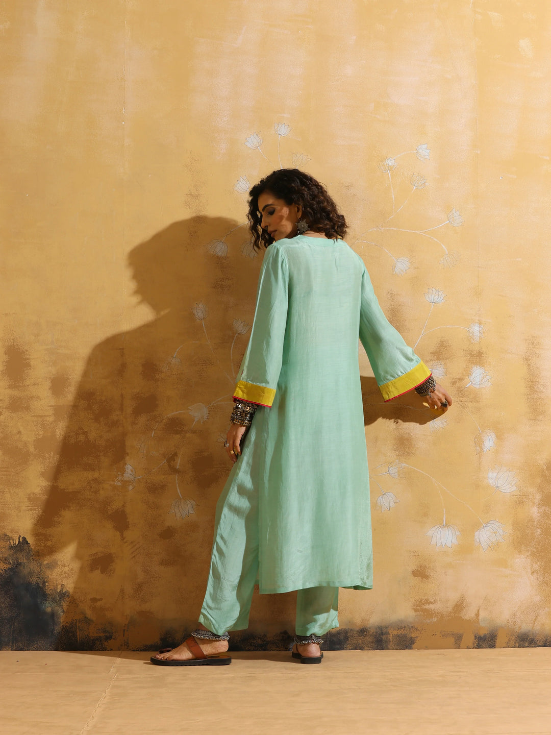Mint Green Muslin Silk High-Slit Kurta Pant Set  | SHOBITAM