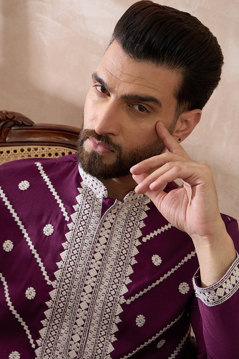 Purple Silk Embroidered Mandarin Collar Straight Kurta | SHOBITAM