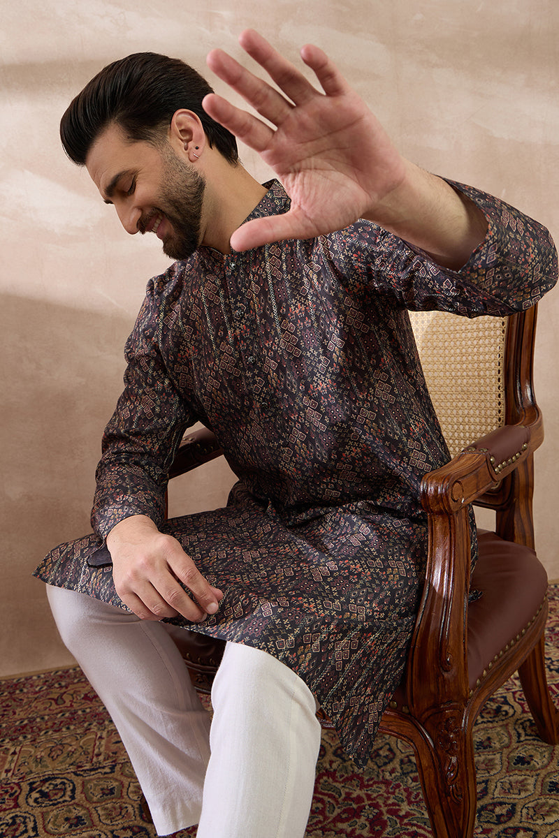 Black Silk Blend Printed Mandarin Collar Straight Kurta With Trouser | SHOBITAM