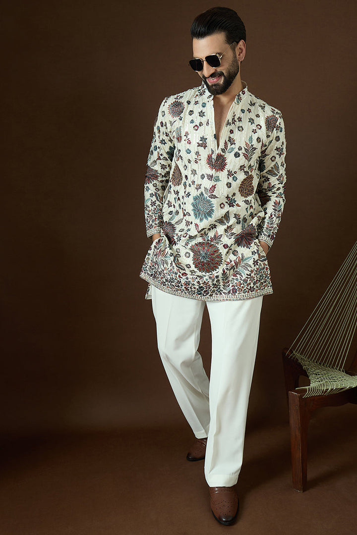 White Georgette Solid Embroidered Straight Kurta | SHOBITAM