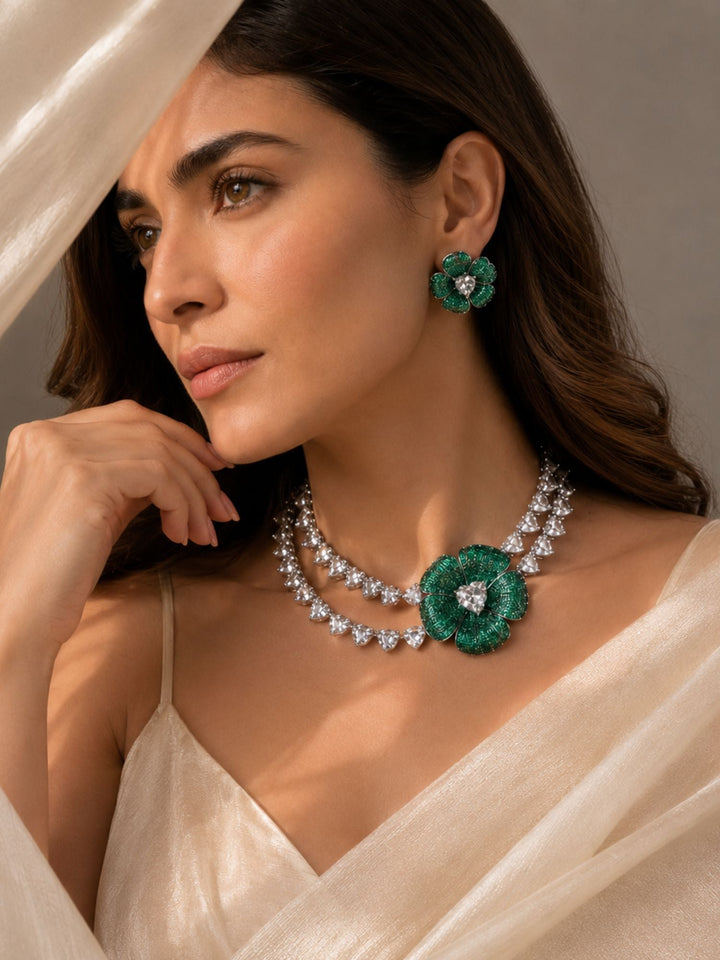 Emerald Bloom Floral Necklace Set with Crystal Petal Drops | SHOBITAM