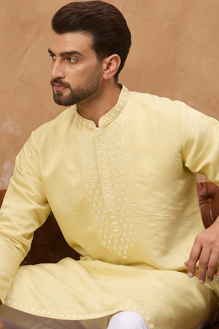 Yellow Silk Blend Solid Embroidered Straight Kurta  | SHOBITAM
