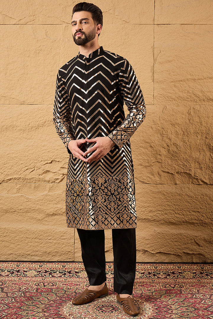 Black Georgette Solid Embroidered Straight Kurta with Trouser  | SHOBITAM
