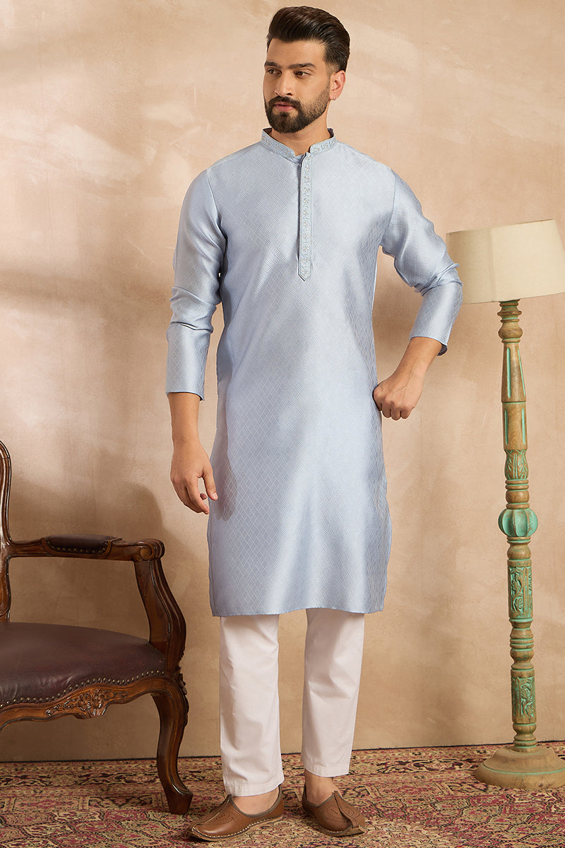Blue Polyester Solid Embroidered Straight Kurta | SHOBITAM