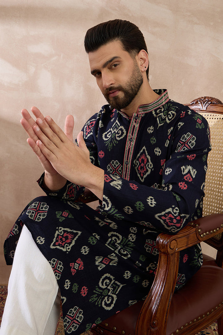Blue Silk Blend Printed Mandarin Collar Straight Kurta For Men | SHOBITAM