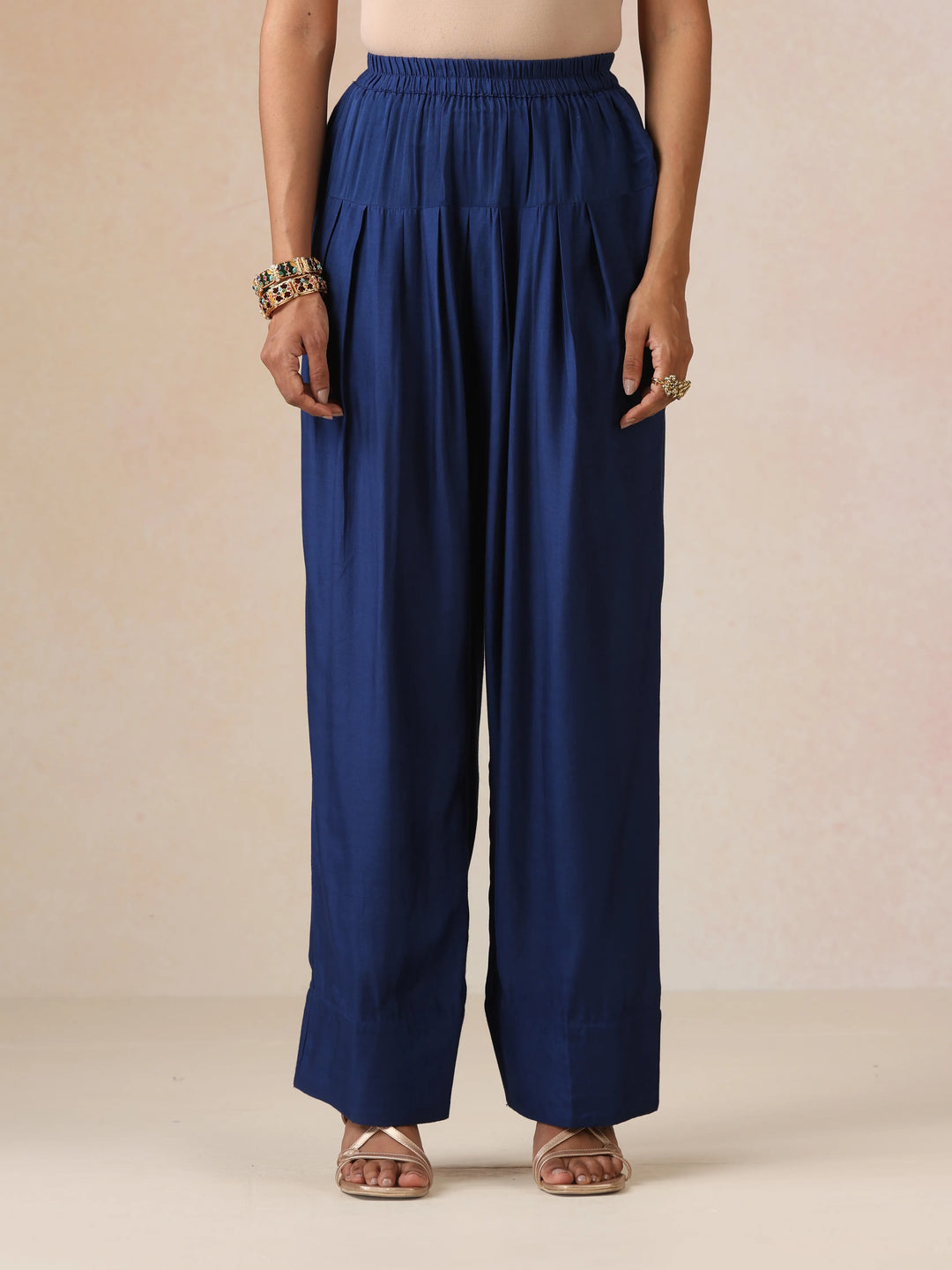 Blue Silver Foil Print Muslin Silk Kurta Farsi Pants Set| SHOBITAM