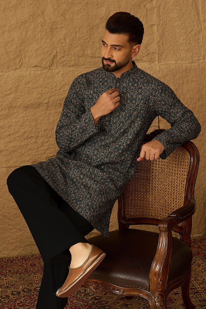 Navy Blue Viscose Rayon Geometric Printed Straight Kurta with Trouser | SHOBITAM