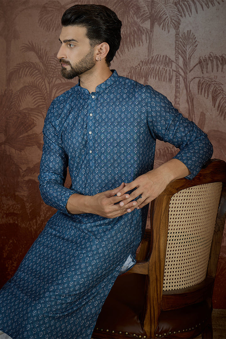 Mens Blue Linen Floral Print Regular Kurta | SHOBITAM