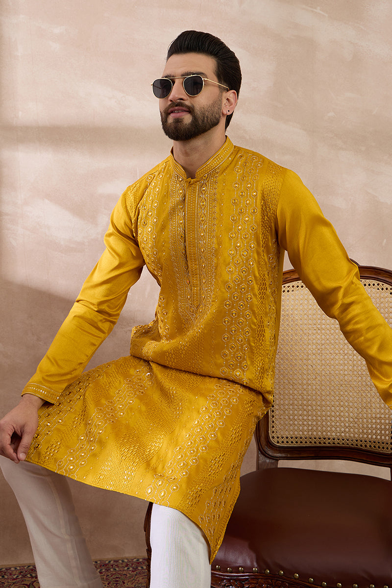 Mustard Silk Blend Embroidered Mandarin Collar Straight Kurta With Trouser| SHOBITAM