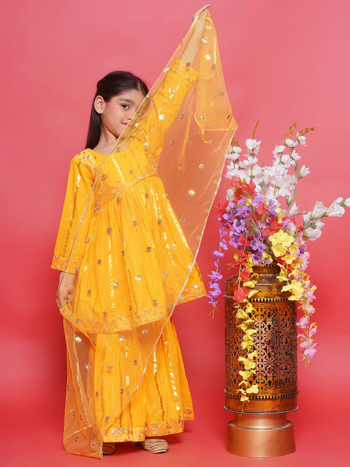 Cotton Three Fourth Sleeves Floral Embroidery Kurta Sharara with Jacket and Dupatta - Haldi Yellow | SHOBITAM