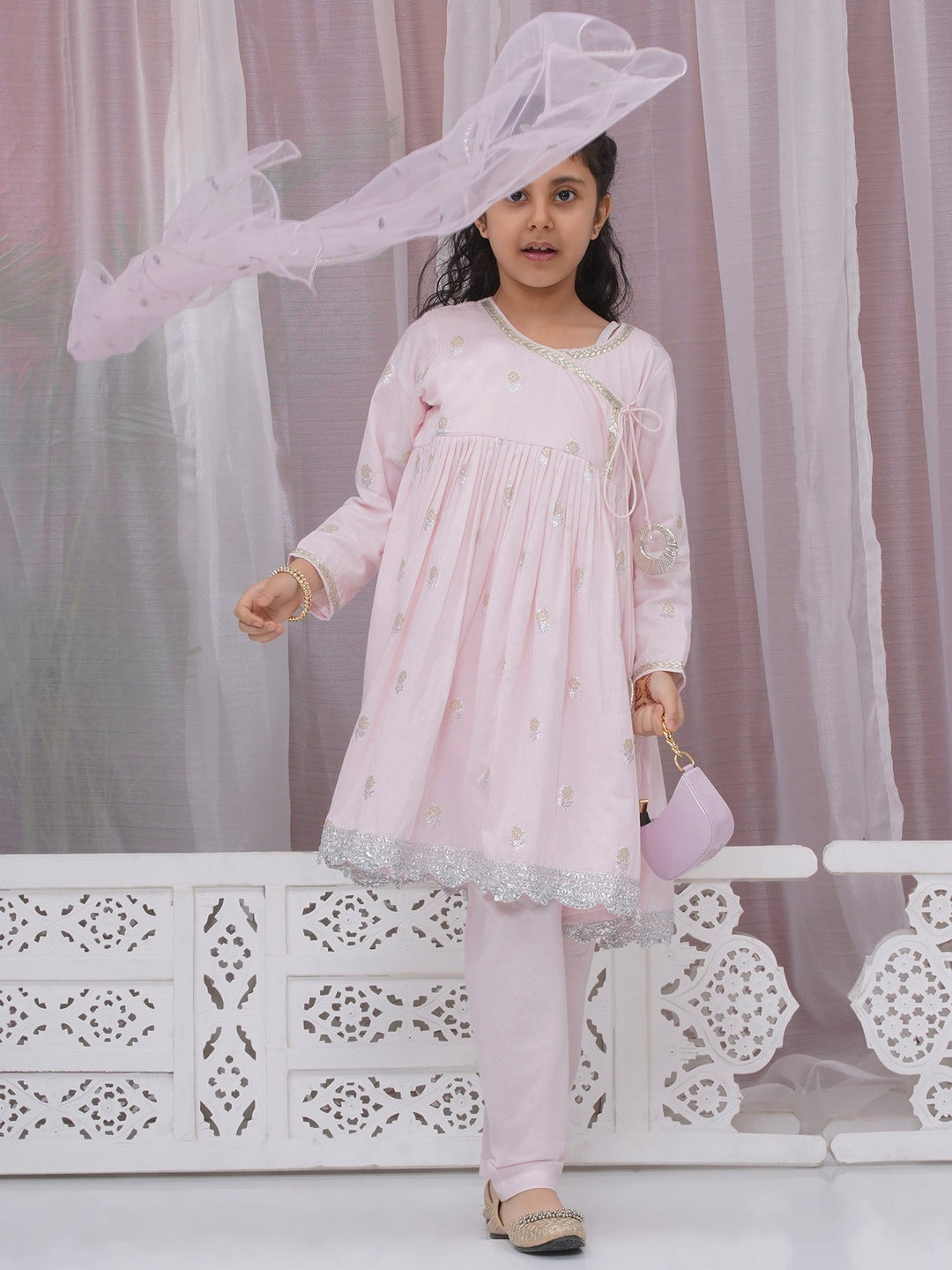Girls Cotton Three Fourth Sleeves Angrakha Kurta with Pyjami and Net Dupatta with Floral Zari Work - Pink