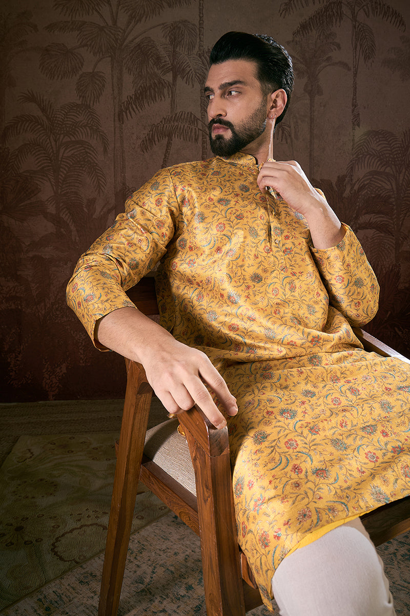 Yellow Silk Blend Floral Printed Straight Kurta For Men | SHOBITAM