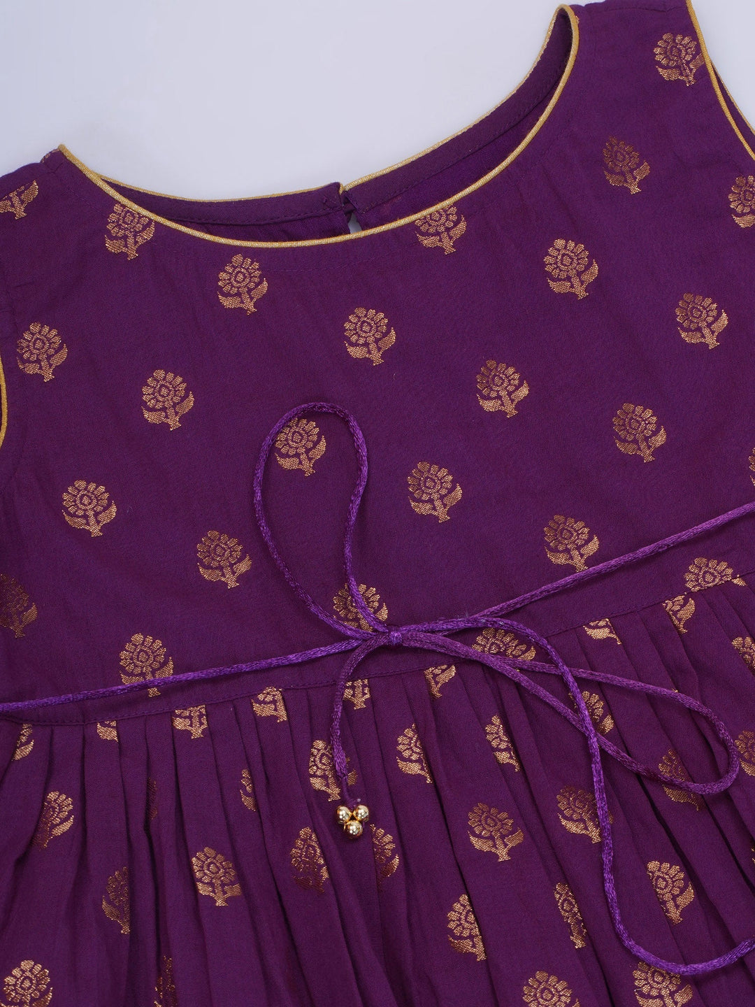 Girls Cotton Sleeveless Frock Style Kurta with Sharara and Dupatta with Golden Floral Zari Work - Purple| SHOBITAM