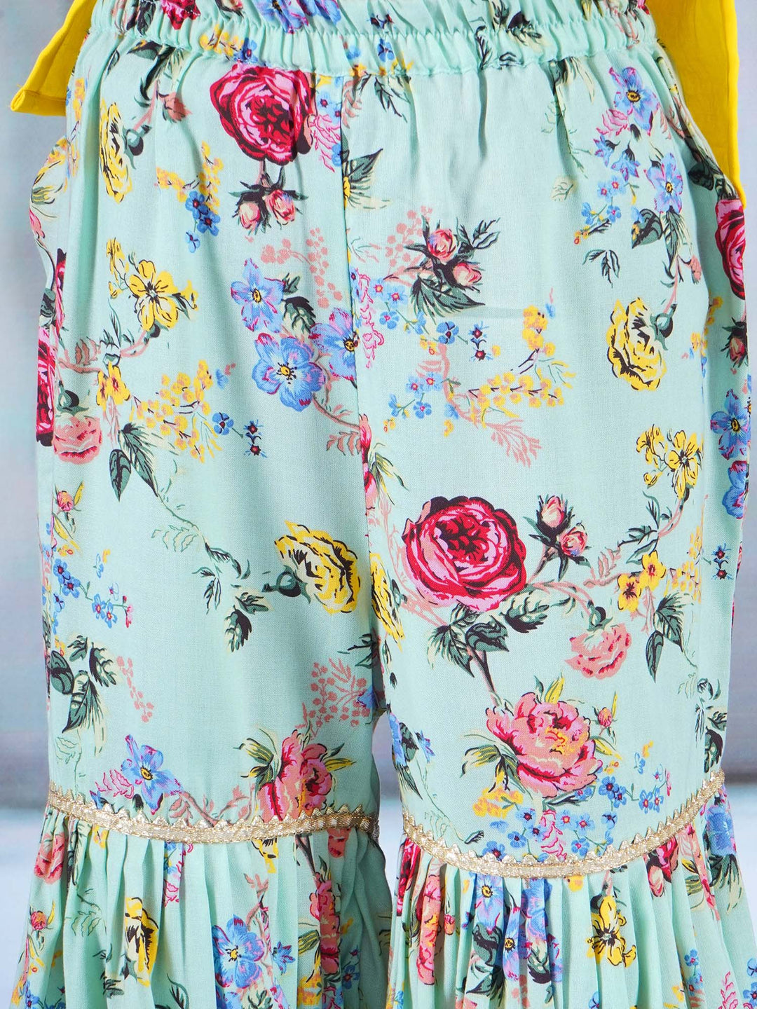 Rajasthani Floral Embroidery & Print Kurta Sharara - Yellow & Green | SHOBITAM
