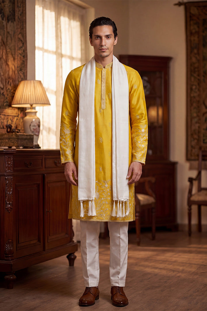 Men Yellow Chanderi Silk Solid Embroidered Straight Kurta Trouser with Dupatta | SHOBITAM