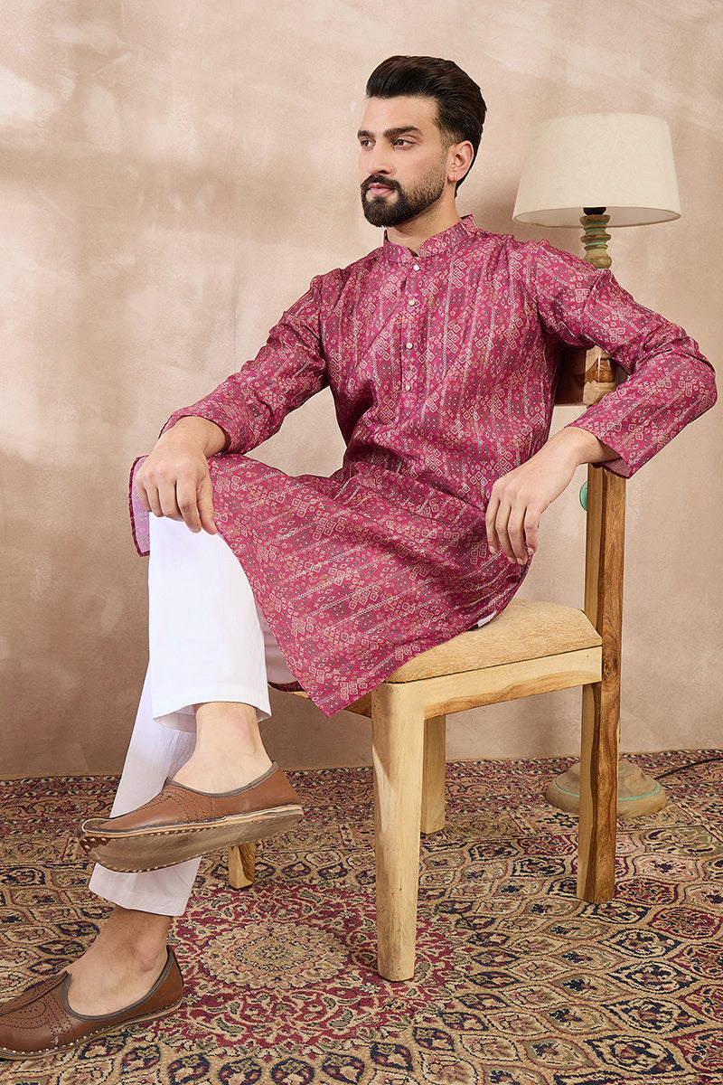 Pink Silk Blend Ethnic Motifs Printed Straight Kurta For Men | SHOBITAM