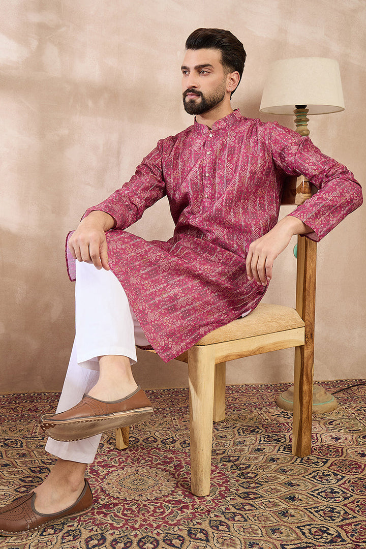 Pink Silk Blend Ethnic Motifs Printed Straight Kurta For Men | SHOBITAM