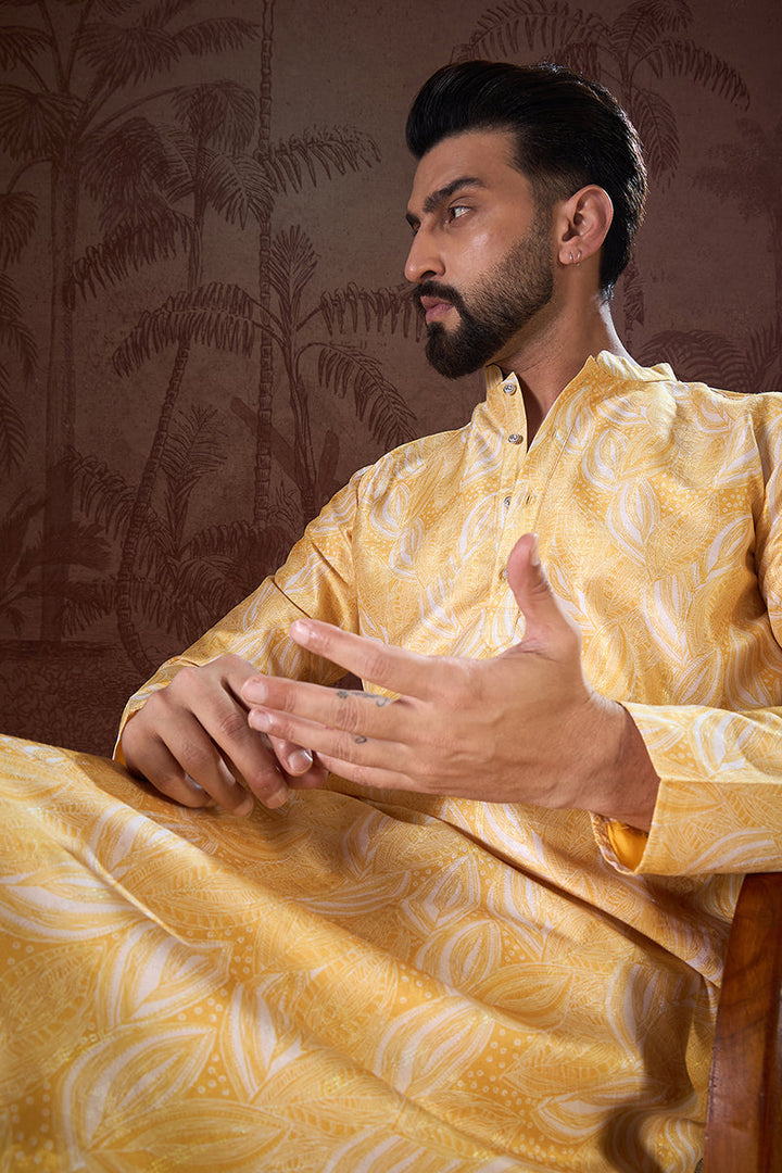 Yellow Silk Blend Floral Printed Straight Kurta With Trouser | SHOBITAM