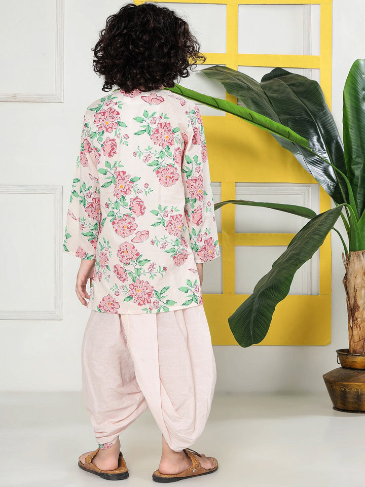 Petal Pink Floral Cotton Kurta with Dhoti | SHOBITAM