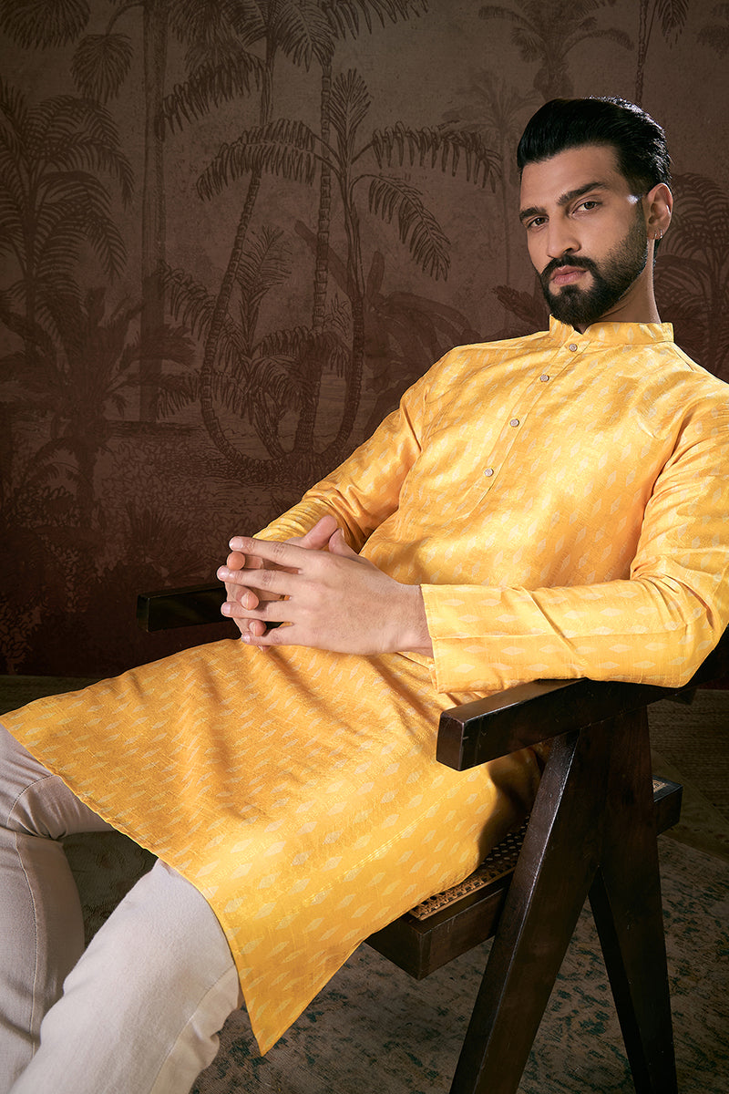 Yellow Silk Blend Ethnic Motifs Printed Straight Kurta With Trouser | SHOBITAM