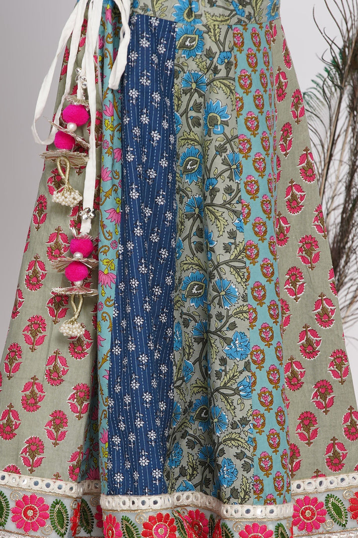 Girls Cotton Floral Embroidery Kurta with Kali Work Lehenga and Tussel work | SHOBITAM
