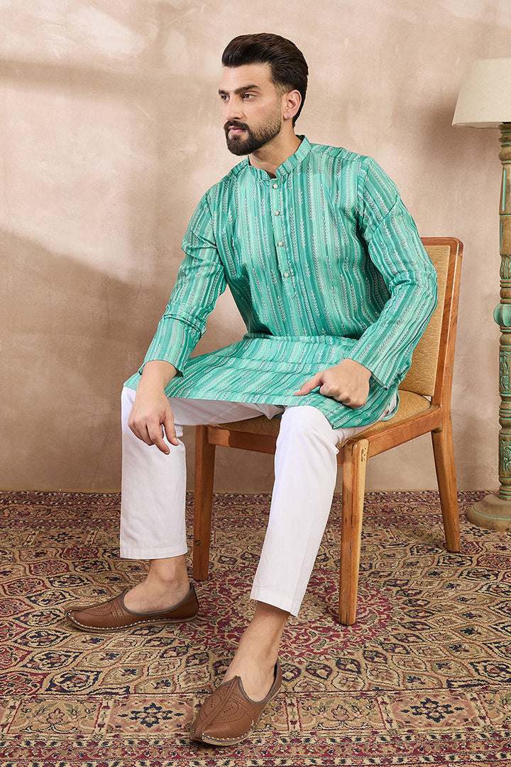 Green Silk Blend Floral Printed Straight Kurta For Men | SHOBITAM