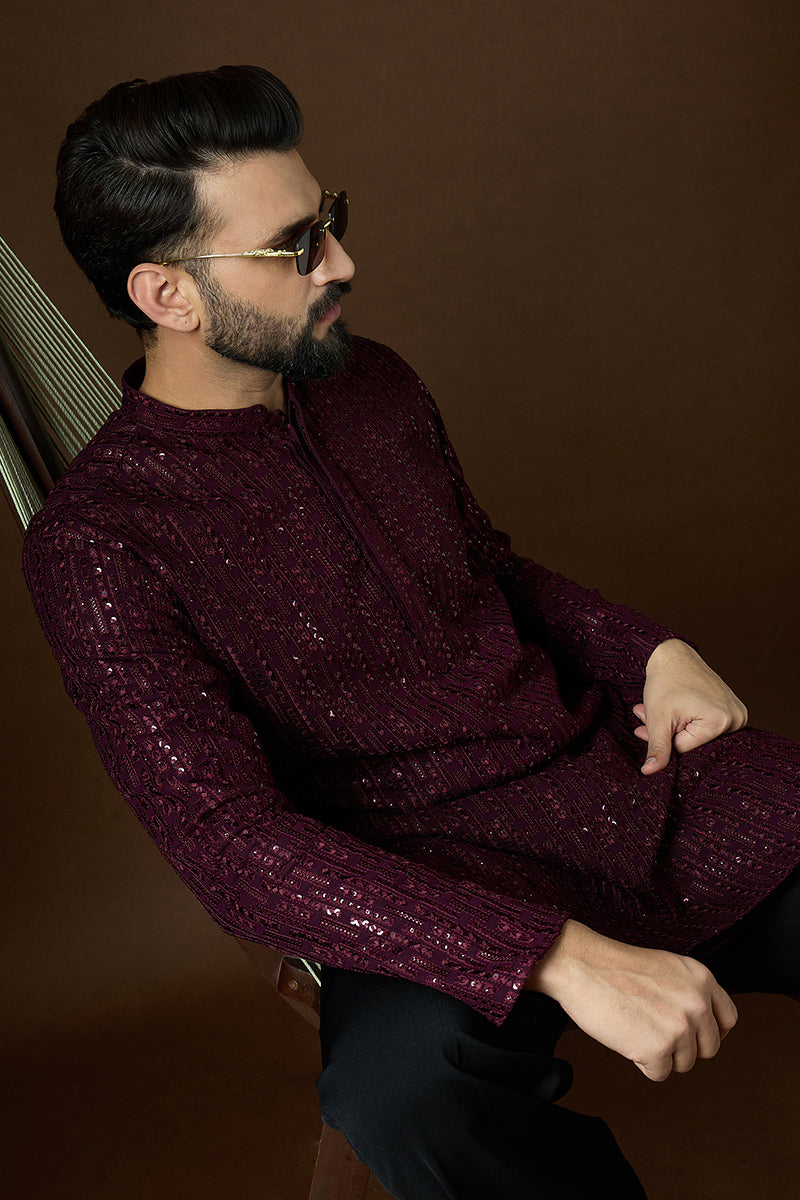 Purple Georgette Solid Embroidered Straight Kurta Sets | SHOBITAM