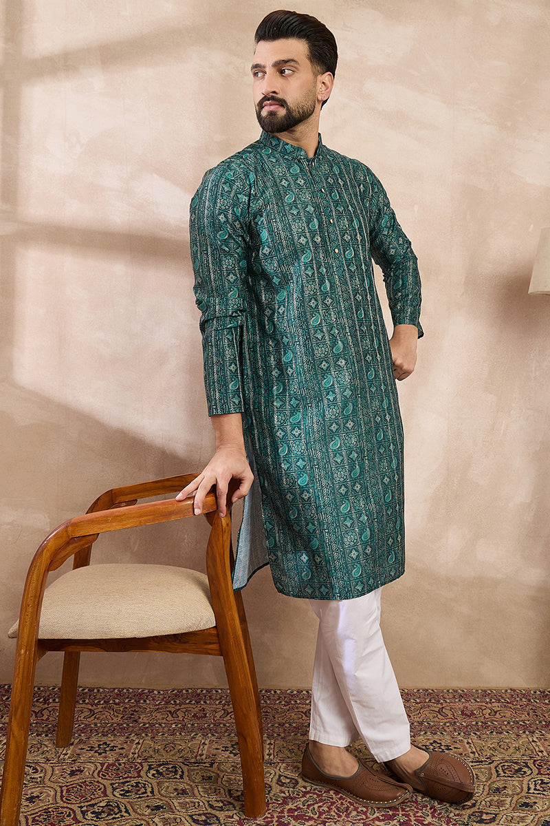 Green Silk Blend Ethnic Motifs Printed Straight Kurta With Trouser | SHOBITAM
