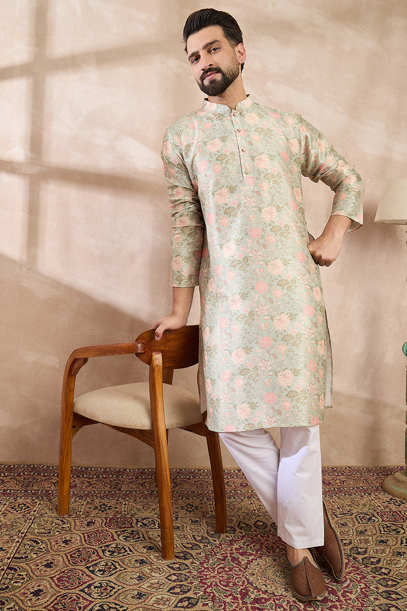 Green Silk Blend Floral Printed Straight Kurta With Trouser | SHOBITAM
