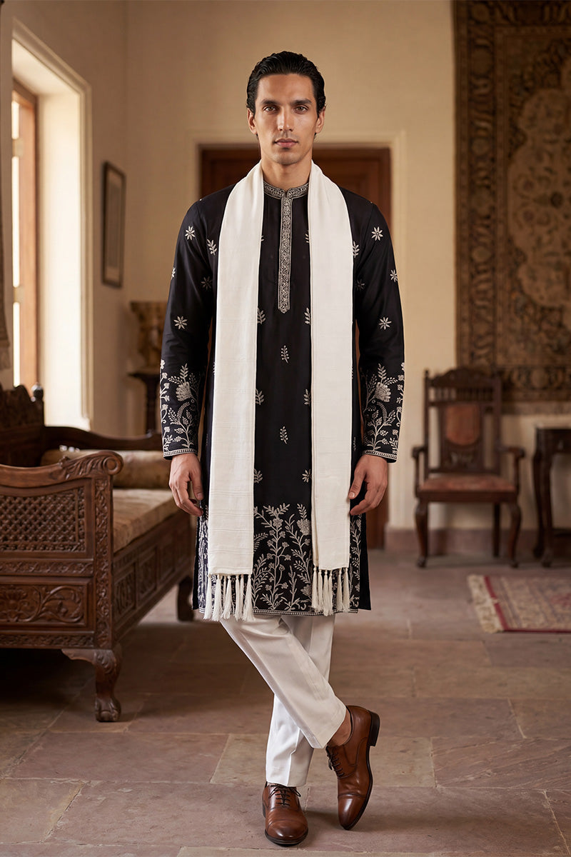 Men Black Silk Blend Solid Embroidered Straight Kurta Sets  | SHOBITAM