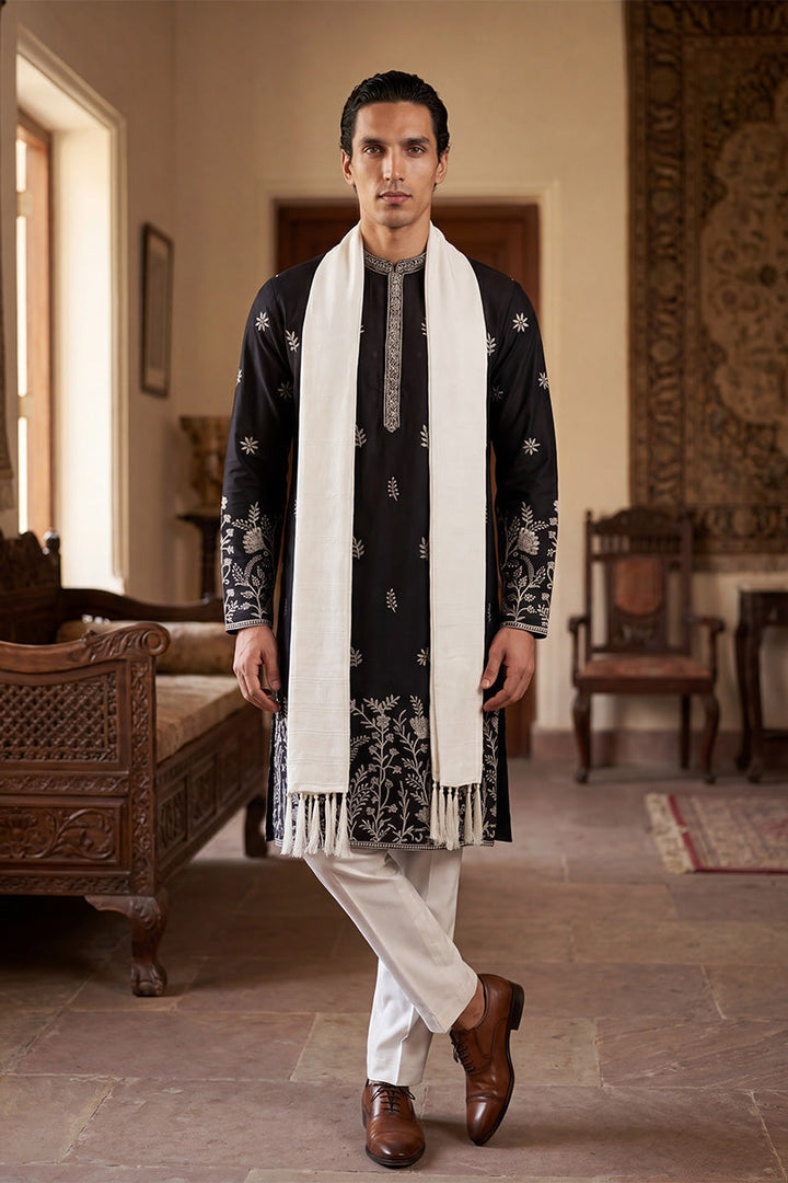 Men Black Silk Blend Solid Embroidered Straight Kurta Sets  | SHOBITAM