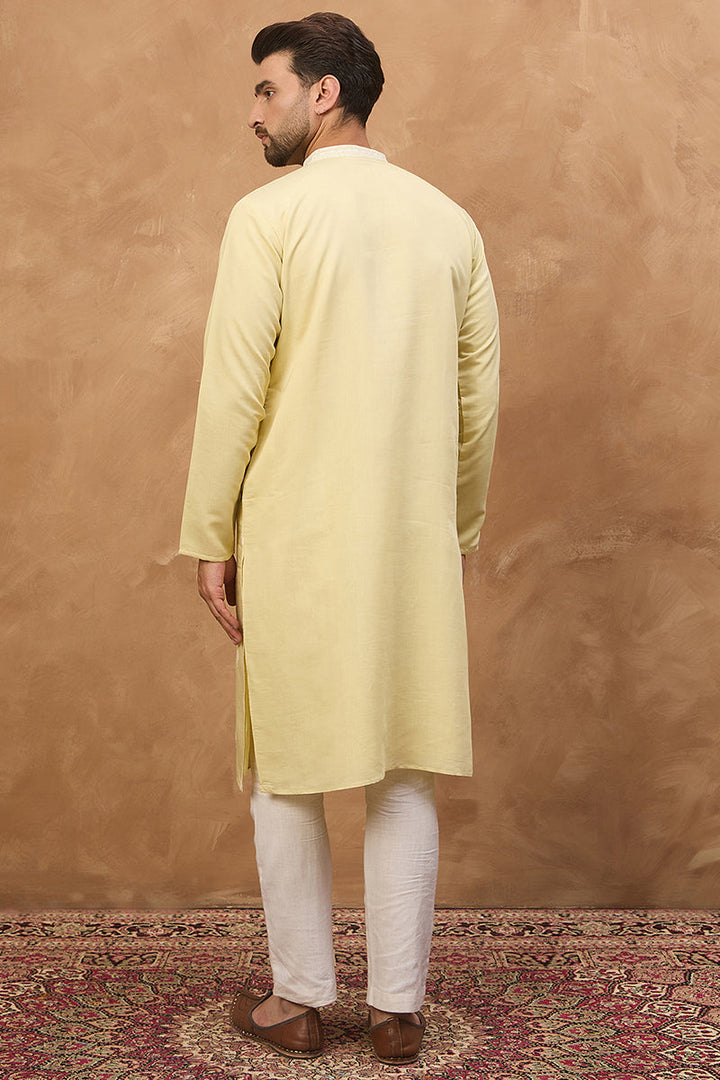Yellow Silk Blend Solid Embroidered Straight Kurta | SHOBITAM
