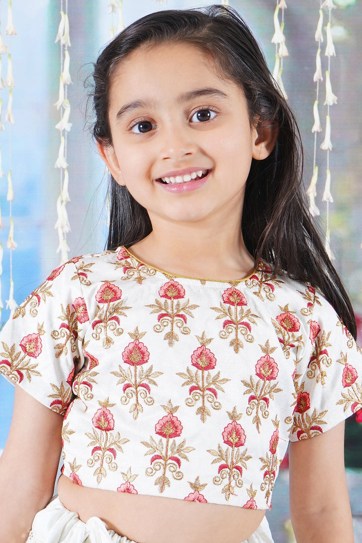 Girl Bageecha Floral Thread work Blouse with Mirror work Lehenga and Sequin moti work Dupatta, accompanied with Hand made tassel and Ghungroo work | SHOBITAM