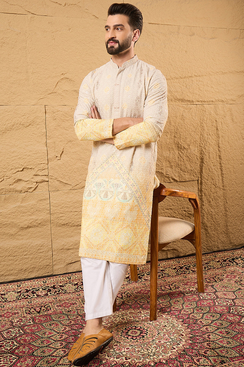 Yellow Viscose Rayon Ethnic Motifs Embroidered Straight Kurta with Trouser  | SHOBITAM