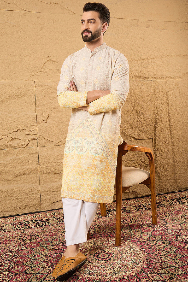 Yellow Viscose Rayon Ethnic Motifs Embroidered Straight Kurta with Trouser  | SHOBITAM