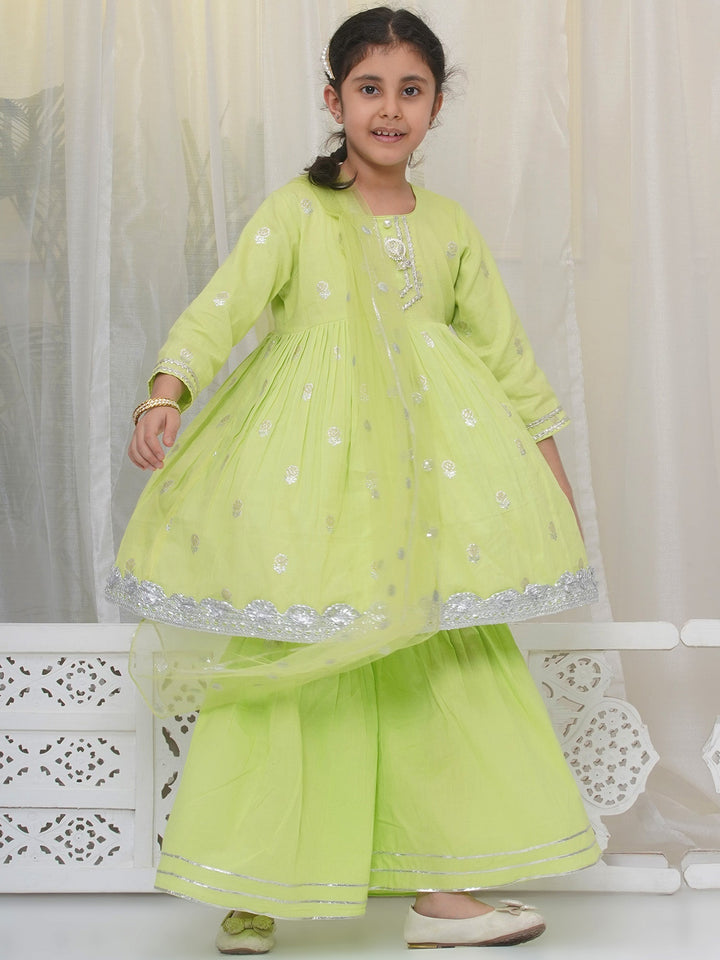 Girls Cotton Three Fourth Sleeves Frock Style Kurta with Sharara and Net Dupatta with Rose & Petal Design Zari work -Green | SHOBITAM