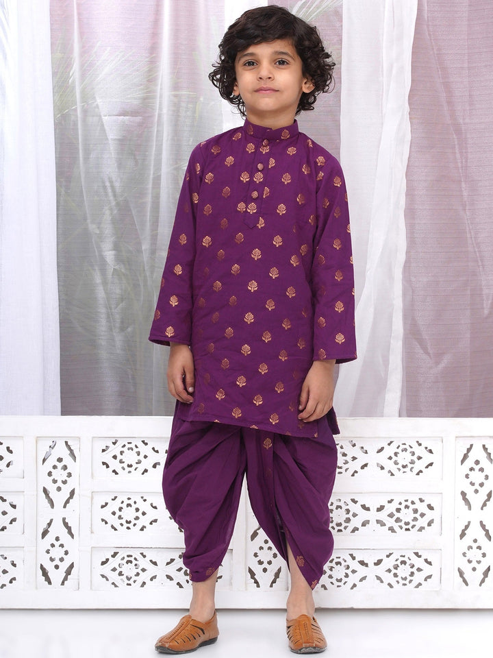 Boys Cotton Full Sleeves Kurta and Dhoti with Golden Floral Zari Work- Purple | SHOBITAM
