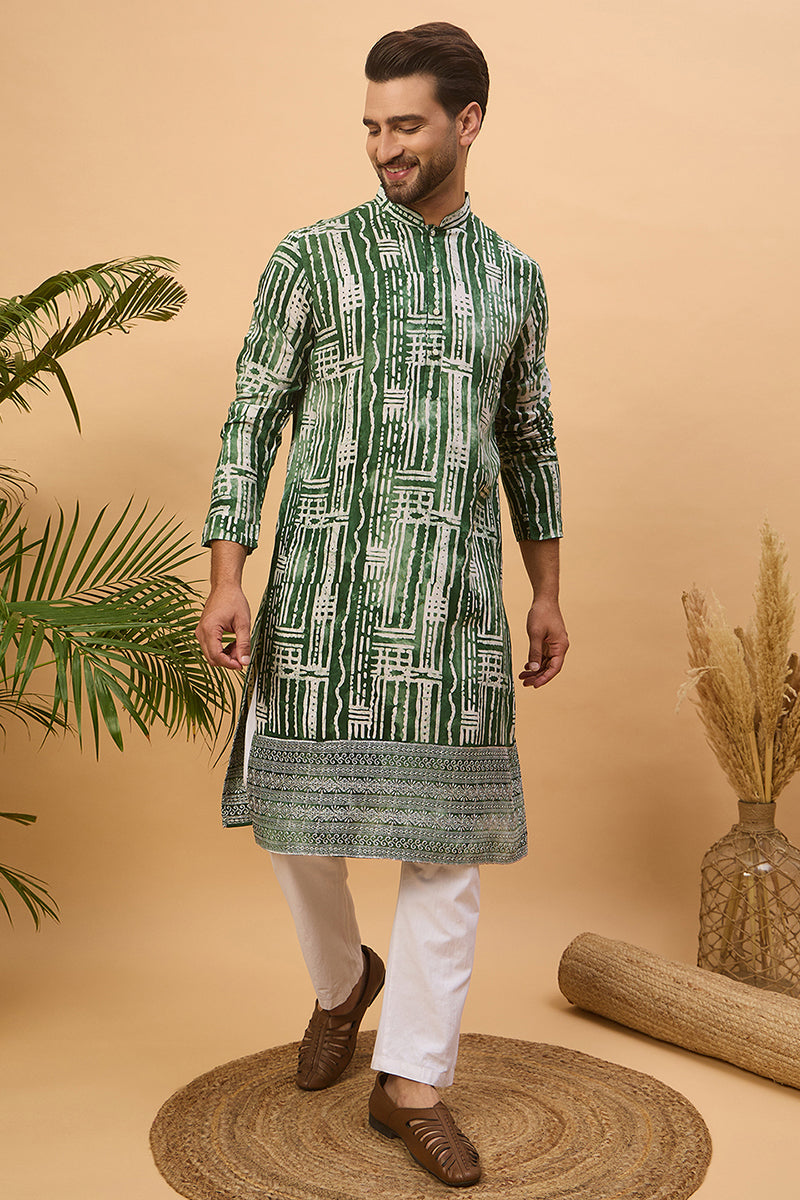 Green Viscose Rayon Batik Embroidered Straight Kurta | SHOBITAM