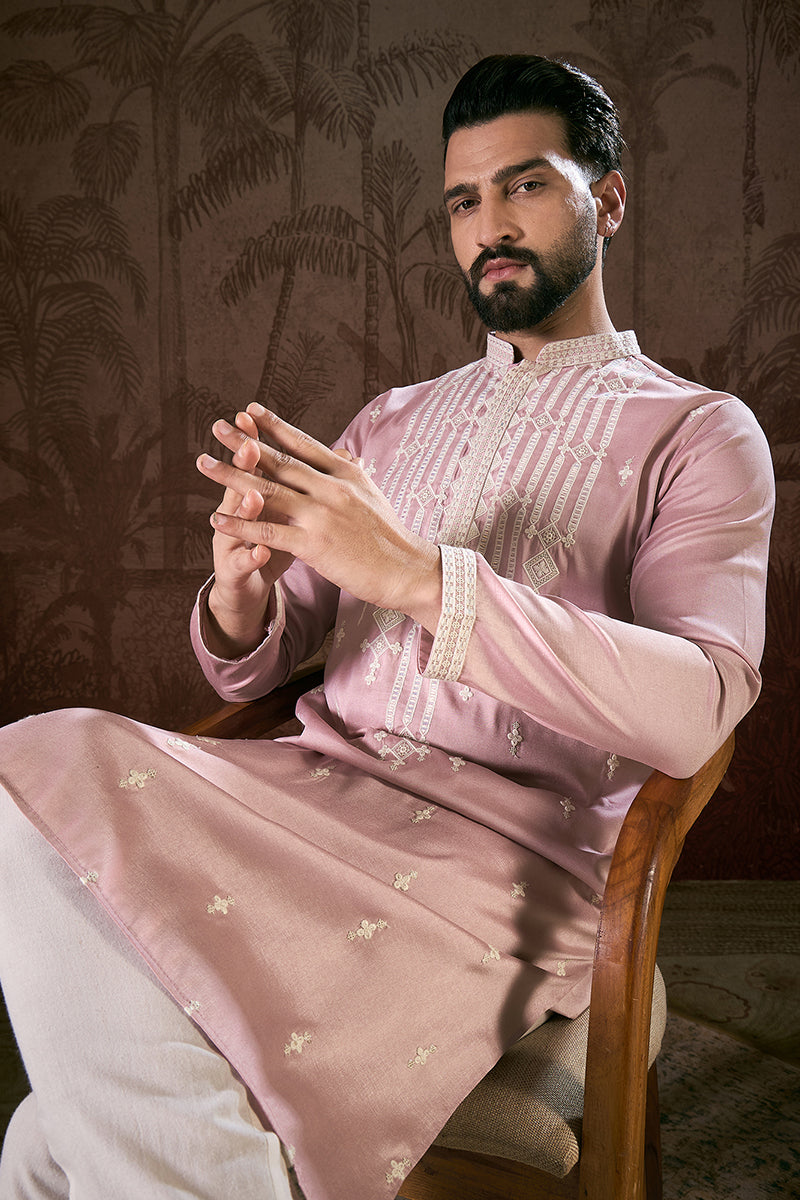 Pink Silk Blend Solid Embroidered Straight Kurta | SHOBITAM