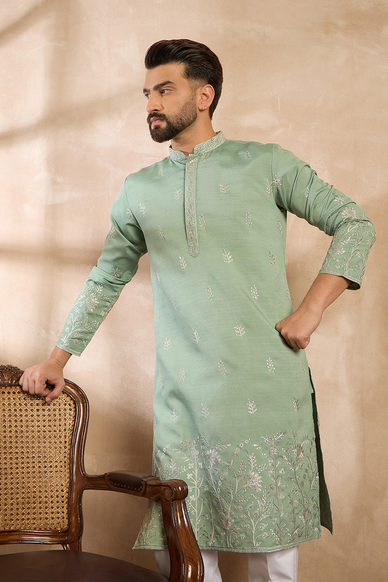 Green Silk Blend Solid Embroidered Straight Kurta With Trouser | SHOBITAM