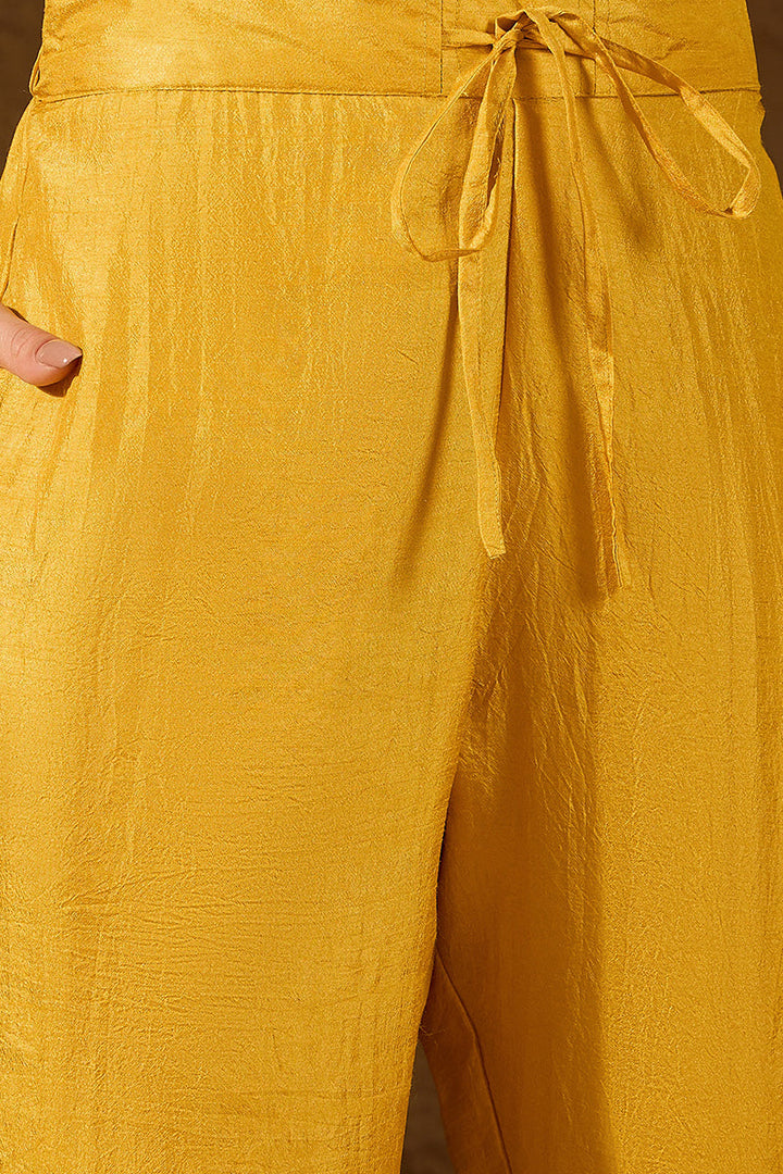 Yellow Silk Blend Solid Embroidered A-Line Kurta Trouser With Dupatta | SHOBITAM