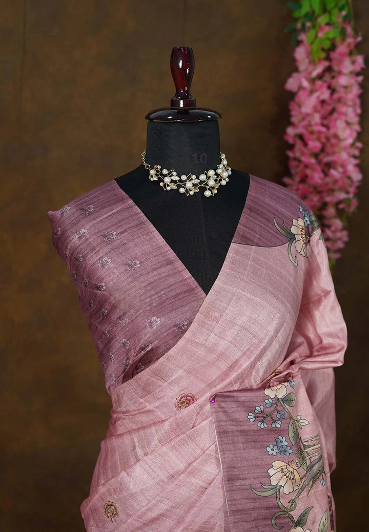 Thistle Semi Tussar Saree with Embroidery Outline | SHOBITAM