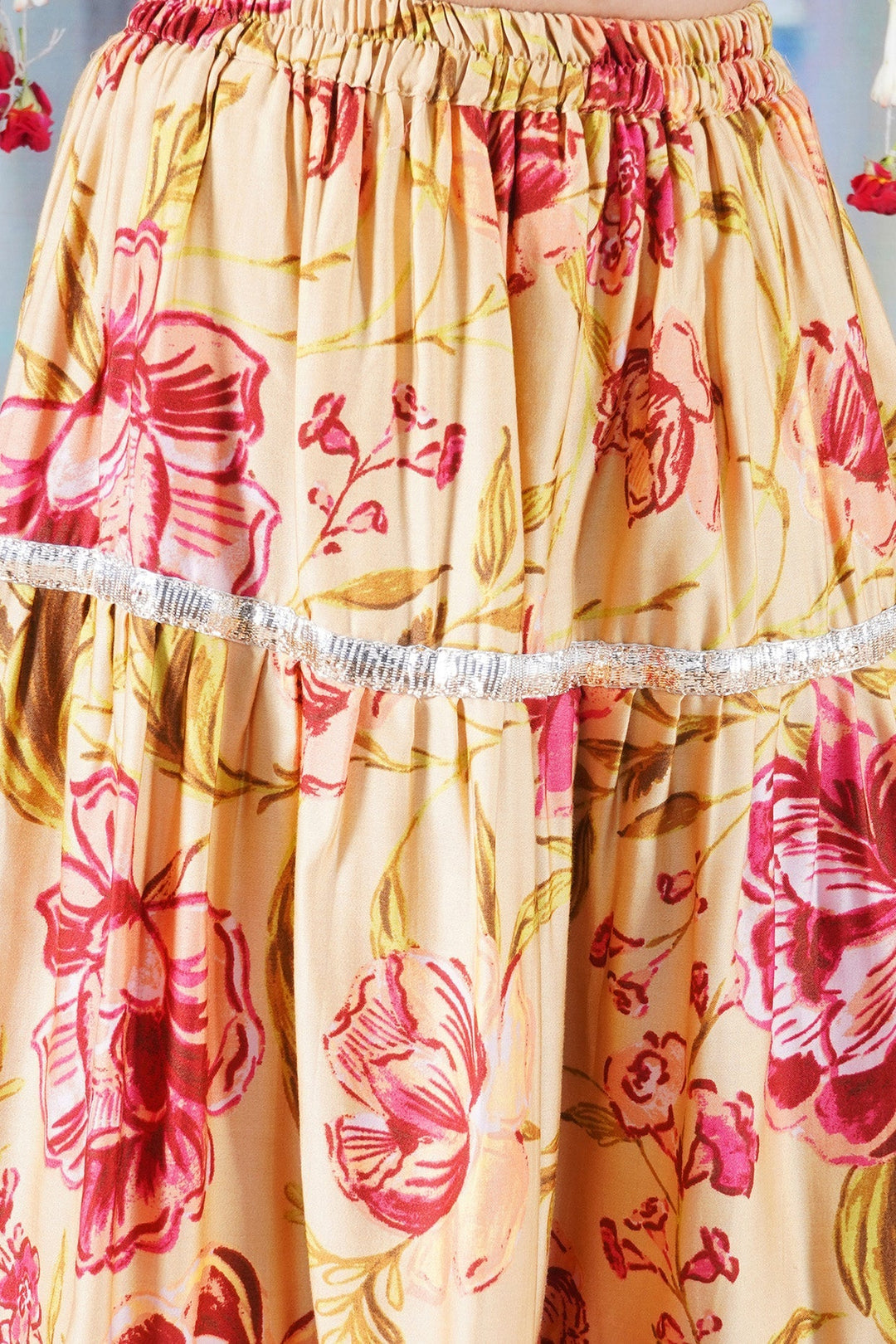 Modern Rose Print Lehenga with Panel and lace work with Blouse and Dupatta | SHOBITAM