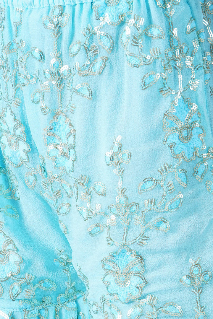 Girls Cotton Candy Blue Kurta with Irish Thread and Sequin work Embroidery with Sharara, Dupatta and Potli | SHOBITAM