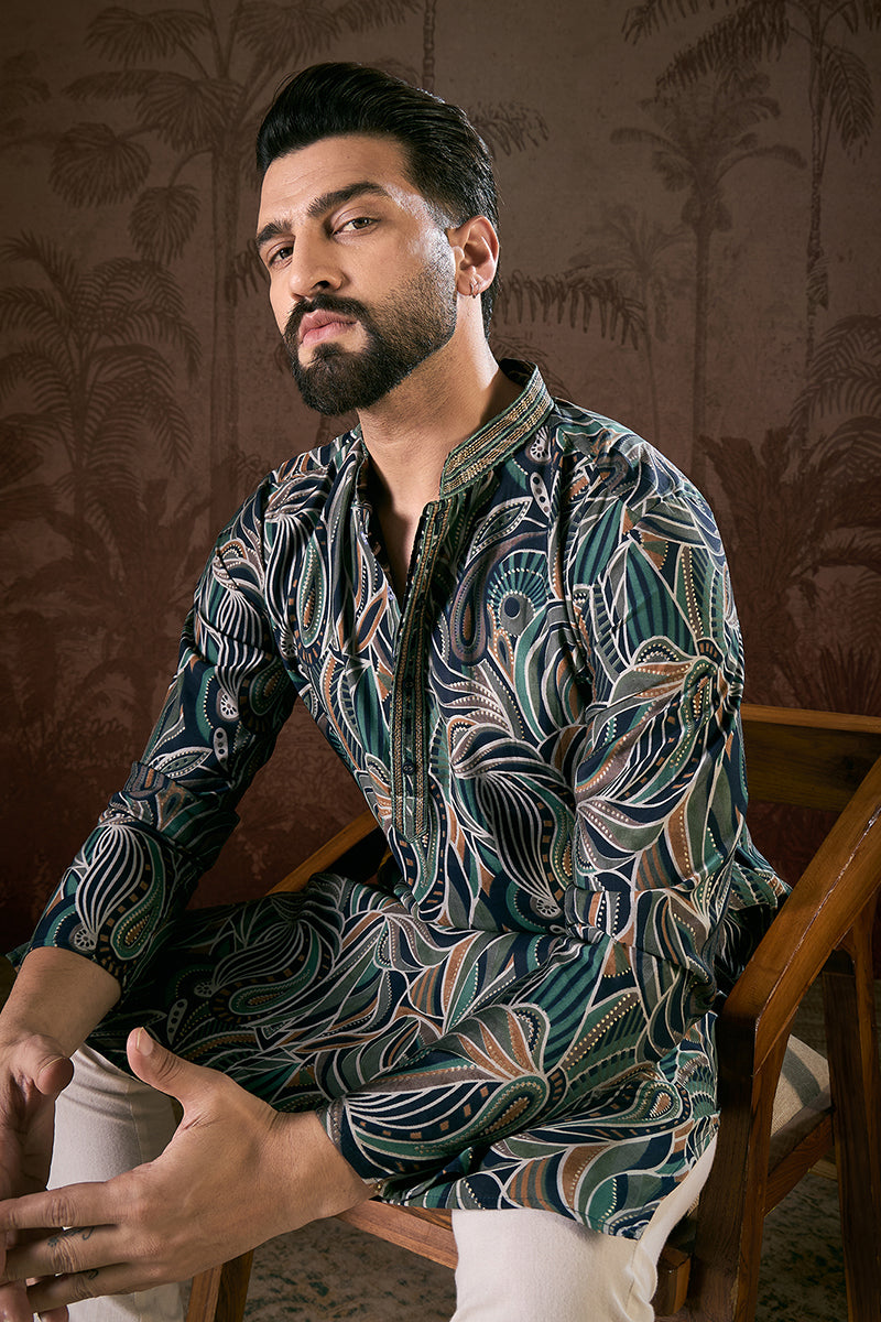 Navy Blue Silk Blend Abstract Printed Straight Kurta With Trouser | SHOBITAM